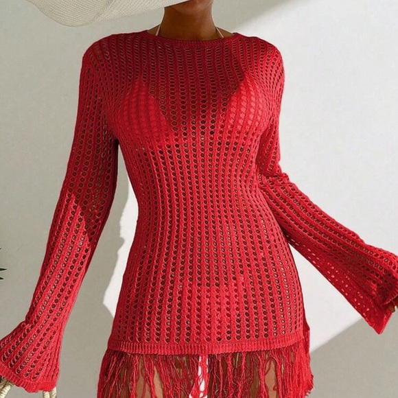 Swim Vcay Women Solid Color Long Sleeve Crew Neck Cover-Up Shirt, For Summer - Picture 1 of 4